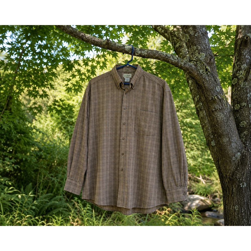 L.L.Bean Plaid Button Front Shirt Men's XXL Tall Brown Cotton Long Sleeve